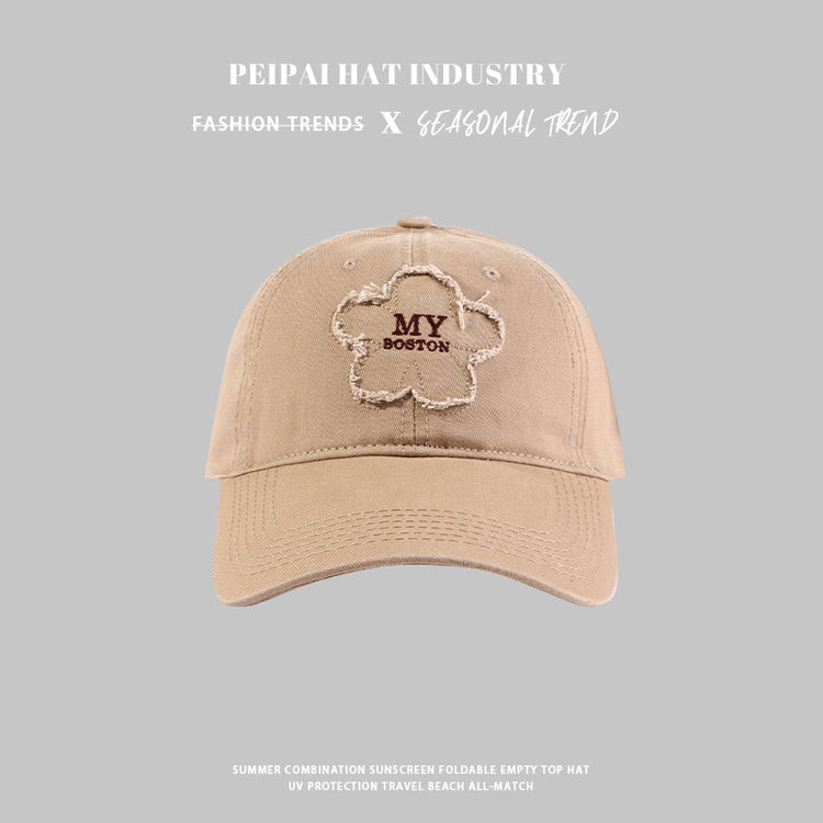 流行帽子|帽子女新款花朵貼布my刺繡棒球帽春秋季休閒百搭寬檐遮臉防曬帽潮「C4422」24.09-2