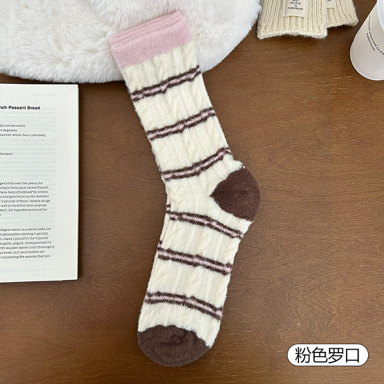 女襪|撞色條紋襪子秋冬季ins韓版加絨加厚堆堆襪蓄熱鎖溫毛絨中筒襪「H5767」25.11-2