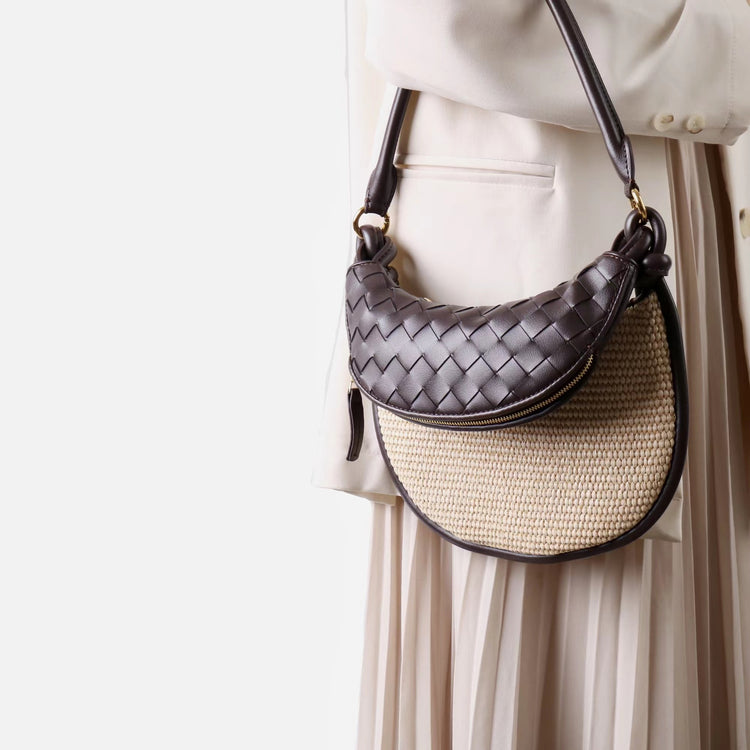 質感真皮|2025新款拉菲草編拼牛皮雙子包拼色月亮包度假單肩腋下包時尚編織包「9781-1」25.07-1