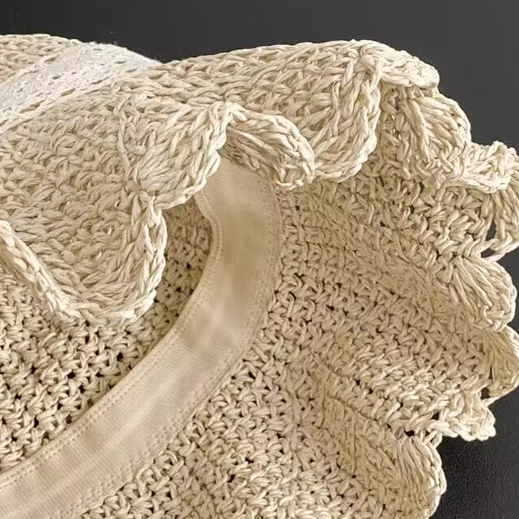 流行帽子|日系小清新帽子女花朵蕾絲蝴蝶結大檐草帽海邊度假新款遮陽防曬帽「C5325」25.06-3