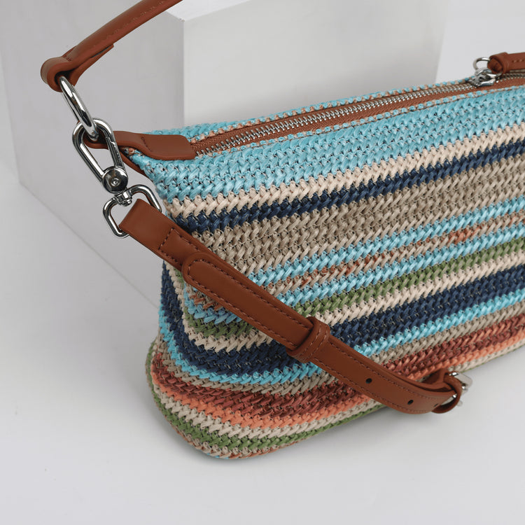 質感真皮|2024夏季新款小眾彩虹編織腋下包包彩度假託特包復古百搭單肩包「3522#」24.06-2