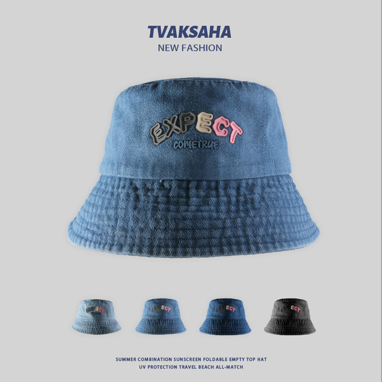 流行帽子|原創設計牛仔漁夫帽女時尚百搭字母盆帽學生情侶防紫外線遮陽帽男「C4124」24.07-3