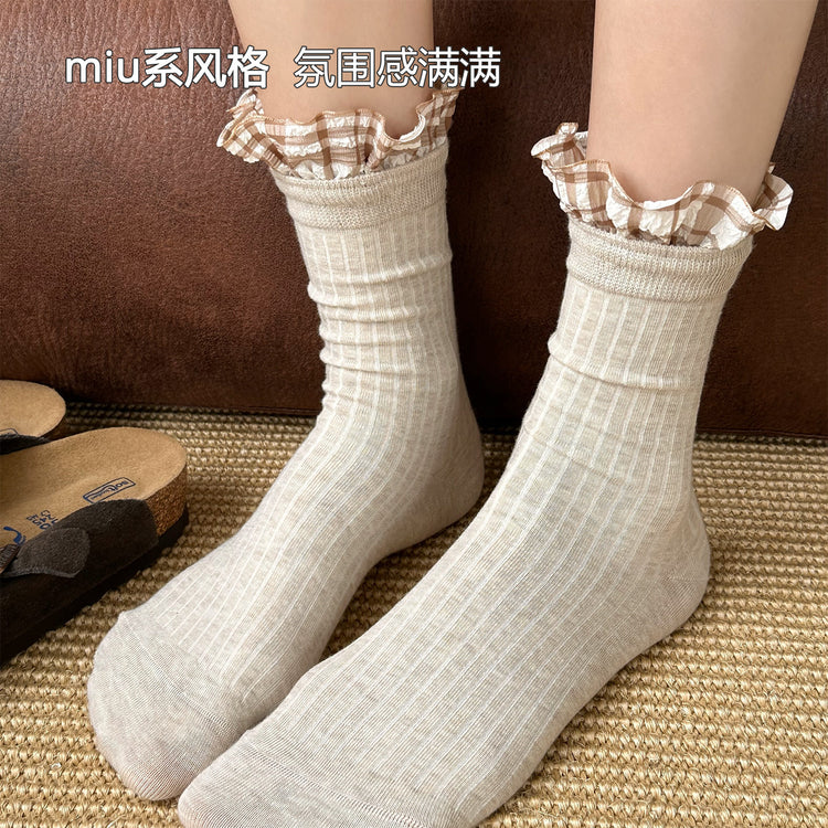 女襪|白色襪子女棉質吸汗透氣miu系花邊堆堆襪親膚舒適彈力襪子「MK5090」25.05-3