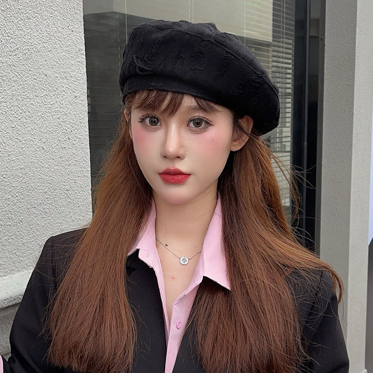 流行帽子|廢土風破洞貝雷帽女春秋戶外個性時尚穿搭畫家帽顯臉小學生報童帽「C4213」24.07-5