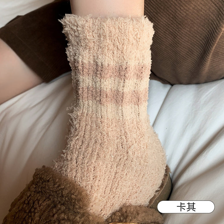 女襪|撞色條紋襪子女蓄熱鎖溫居家地板襪秋冬季加絨加厚保暖珊瑚絨襪「AD2411」24.11-2