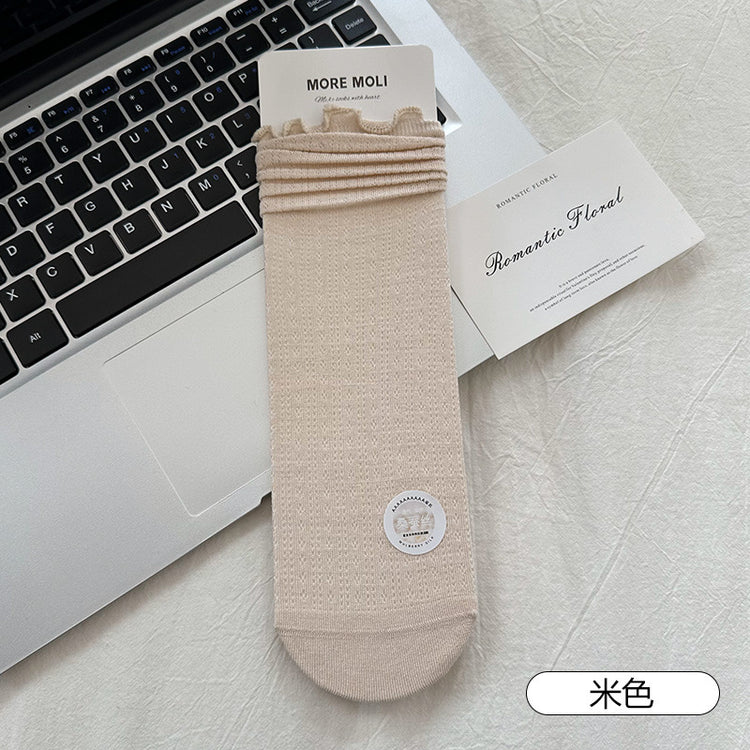 女襪|涼感桑蠶絲襪子女夏季薄款網眼透氣堆堆襪抑菌防臭彈力無骨中筒襪「ZJ25017」25.06-1
