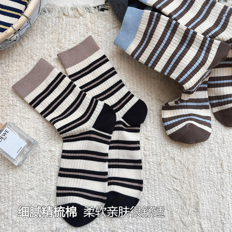 女襪|撞色條紋襪子女棉質吸汗透氣彈力中筒襪親膚舒適ins潮休閒堆堆襪「MK4150」25.09-1