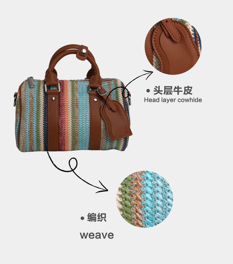 質感真皮 | 夏季新款彩虹編織頭層牛皮拼拉菲草筒包手提包通勤單肩斜挎女包「3530-1」24.06-4