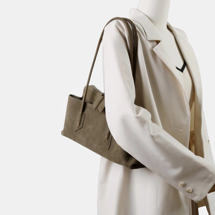 質感真皮|2025新款頭層麂皮不規則斜頂手提托特包磨砂荔枝牛皮腋下包「6163-S」25.10-1