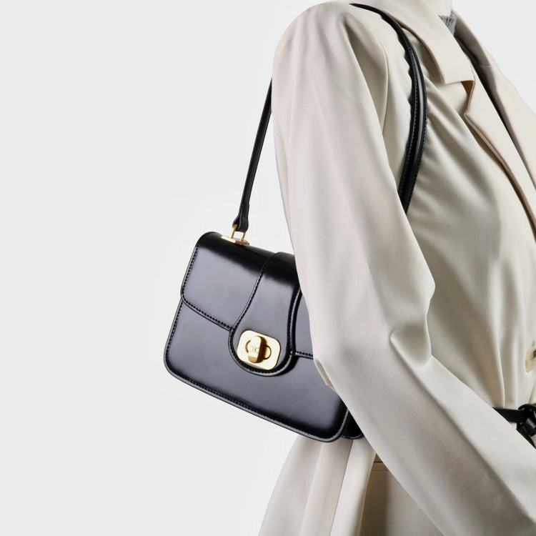 質感真皮|2025新款百搭進口小牛皮扭鎖翻蓋手提單肩腋下包精緻通勤女士包「6083」25.04-2