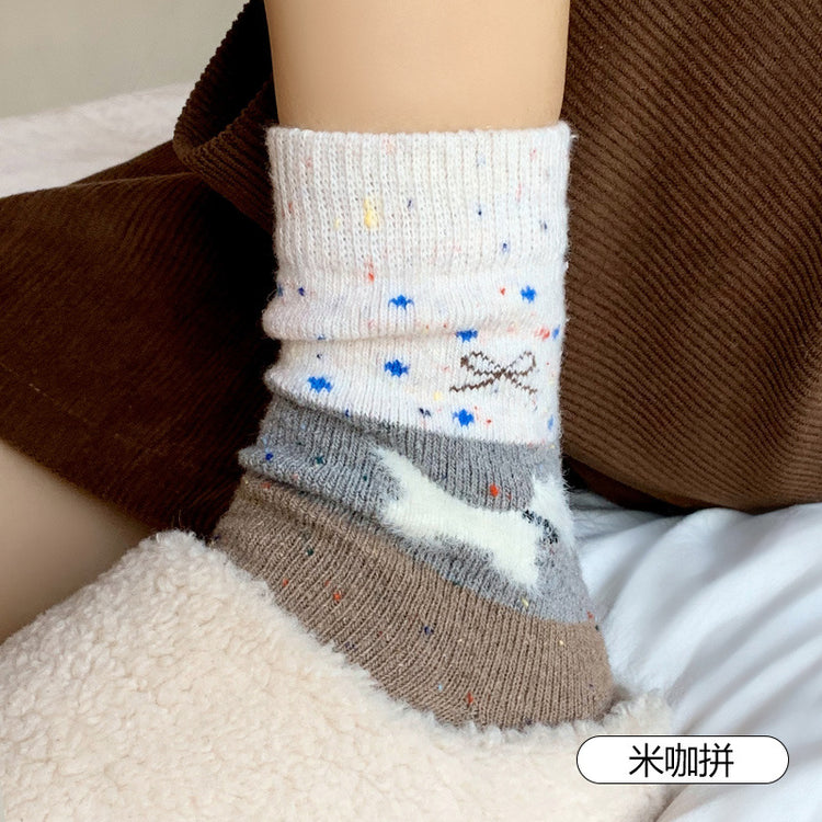 女襪|羊毛襪子女秋冬季加厚保暖蓄熱鎖溫中筒襪卡通可愛小狗居家睡眠襪「CX762」24.12-2
