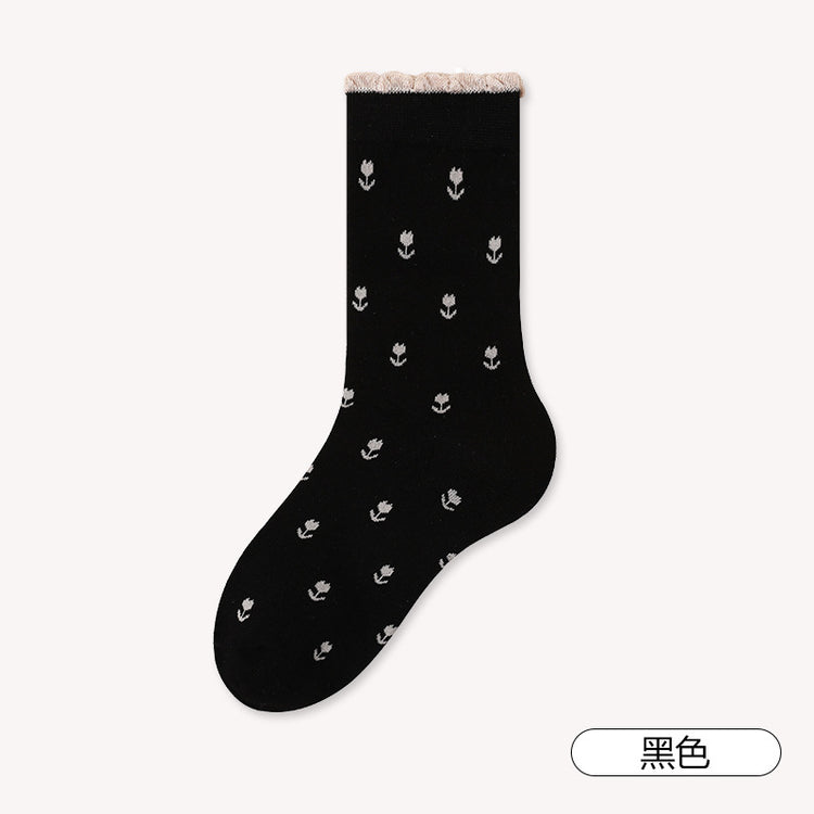 女襪|泡泡花邊襪子女復古滿身鬱金香堆堆襪棉質吸汗透氣彈力無骨中筒襪「MK4221」25.07-2