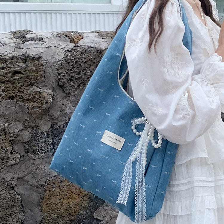 日韓流行|韓系牛仔藍色蝴蝶結帆布包包女款大容量慵懶鬆弛感通勤單肩托特包「M9009」25.06-4