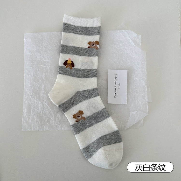 女襪|卡通圖案襪子女夏季薄款ins學院風中筒襪棉質吸汗透氣彈力堆堆襪「DMS5015」25.04-2