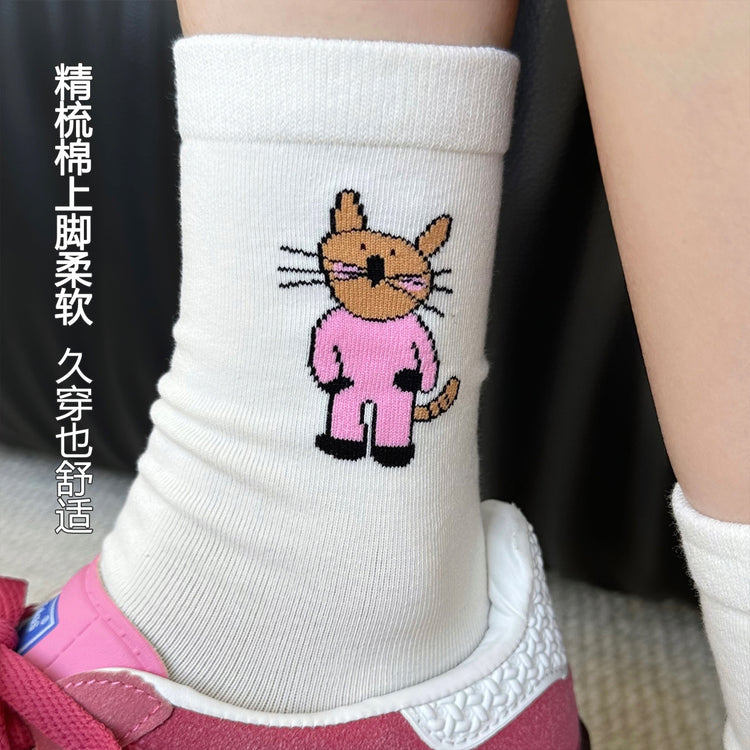 女襪|襪子女士秋冬日系插畫卡通貓咪中筒襪彈力無骨親膚舒適堆堆襪「WN2511」25.10-1