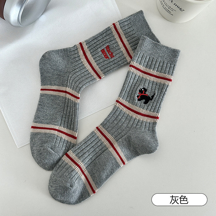女襪|撞色條紋襪子女卡通刺繡彈力雙針耐磨中筒襪棉質吸汗透氣堆堆襪「YM1144」25.07-4