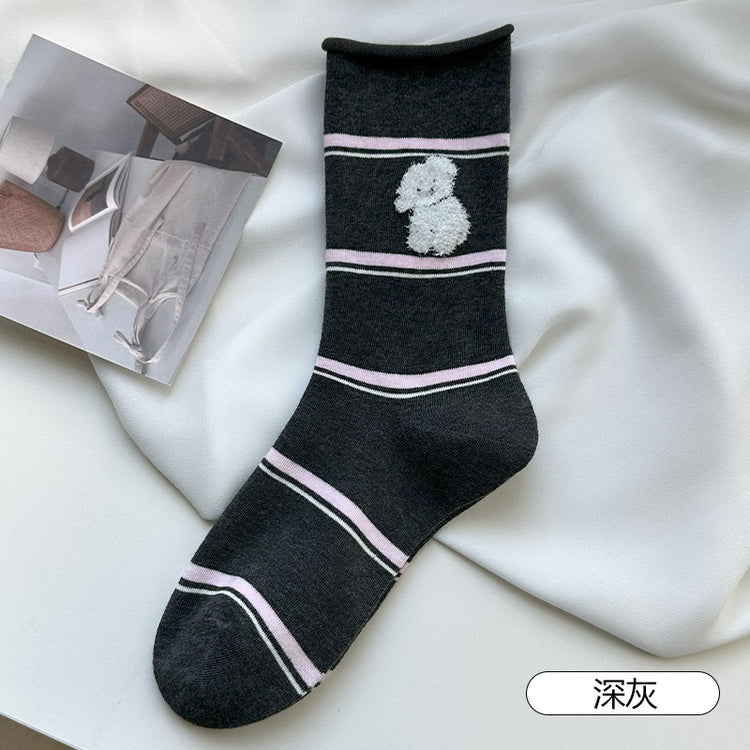 女襪|彈力卷邊襪子女可愛卡通西高地中筒襪撞色條紋吸汗透氣諸暨襪子「WN2513」25.08-4