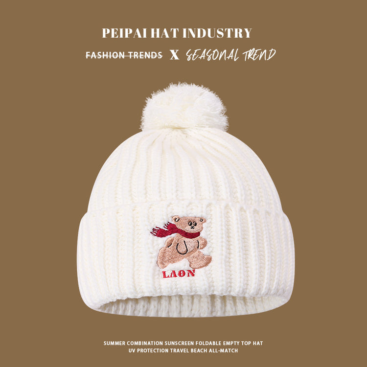 流行帽子|韓版可愛紅巾小熊LAO毛球針織帽冬季保暖百搭防風加厚顯臉小冷帽「C4729」24.10-4