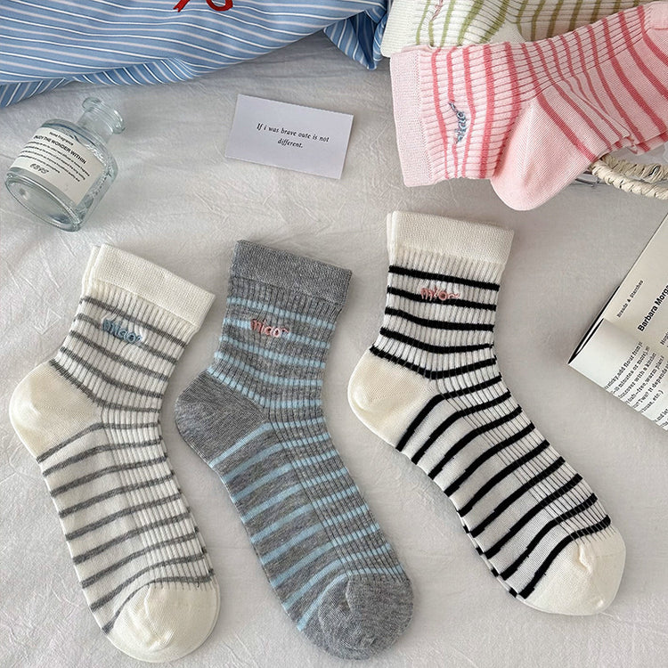 女襪|條紋襪子女棉質親膚舒適ins潮彈力中筒春夏季薄款吸濕透氣堆堆襪「MK5076」25.02-3
