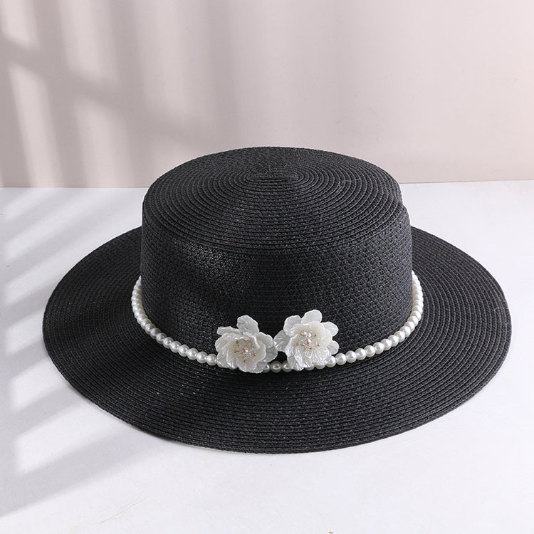 流行帽子|海邊草帽夏季遮陽遮臉防曬帽珍珠花朵赫本風沙灘度假平頂草編禮帽「C4107」24.07-4