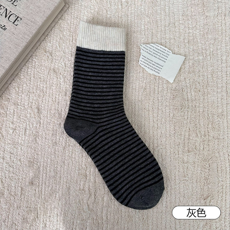 女襪|撞色復古條紋襪子女棉質吸汗透氣彈力中筒襪親膚舒適好搭堆堆襪「B24107」25.10-3