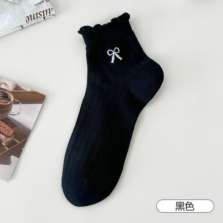 女襪|灰色蝴蝶結襪子女彈力木耳邊網眼吸汗透氣短襪親膚舒適休閒運動襪「WB0203」25.07-2