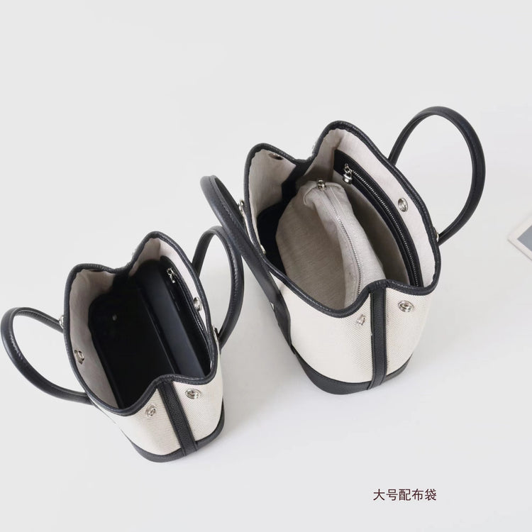 質感真皮|2025潮流新頭層牛皮撞色帆布手提花園包高級感洋氣單肩包休閒斜背包「80592」25.04-2