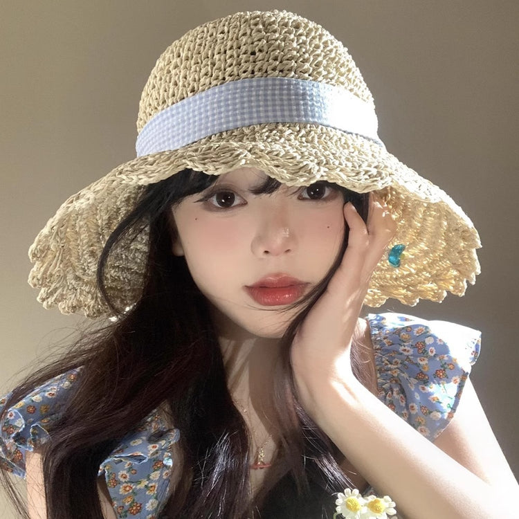 流行帽子|蝴蝶結編織帽子女夏季海邊度假草帽防曬遮陽帽法式防紫外線太陽帽「C5174」25.04-3