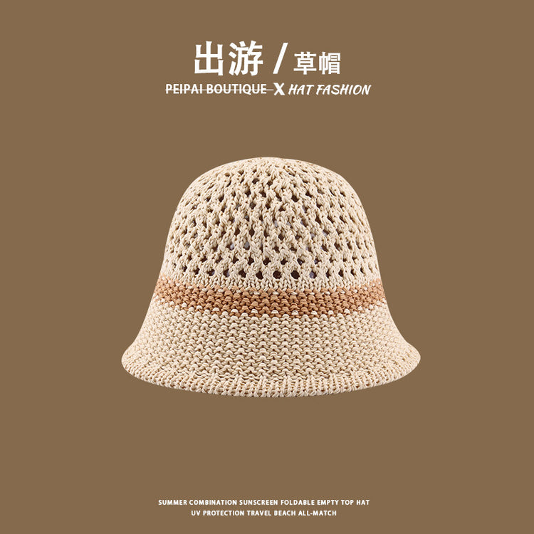 流行帽子|草帽編織女可折疊沙灘帽夏季鏤空透氣水桶帽甜美海邊遮陽帽子批發「C3748」24.03-4
