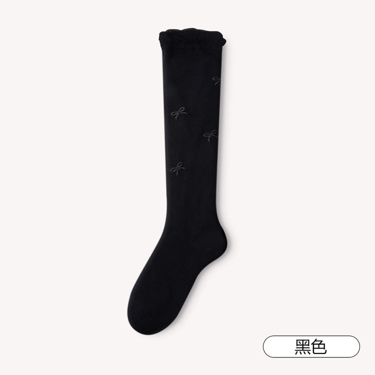 女襪|白色堆堆襪子女miu系花邊泡泡襪口小腿襪滿身蝴蝶結輕薄透氣JK襪「XC2268」25.02-2