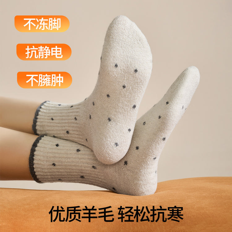 女襪|復古波點襪子女冬季加絨加厚保暖美利奴羊毛襪親膚舒適彈力中筒襪「GO2576」25.11-1