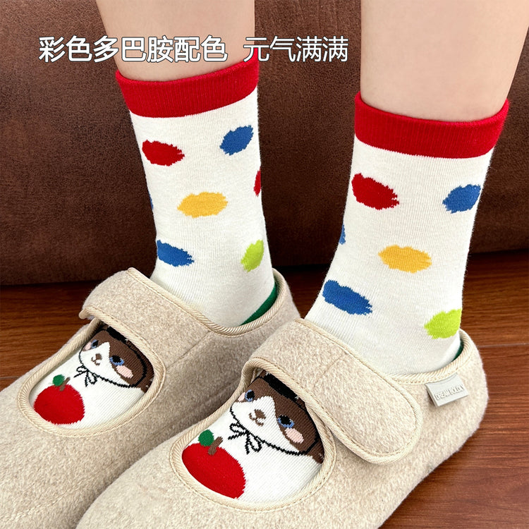 女襪|卡通圖案襪子女棉質吸汗透氣彈力中筒襪多巴胺親膚舒適襪子「MK5126」25.08-2