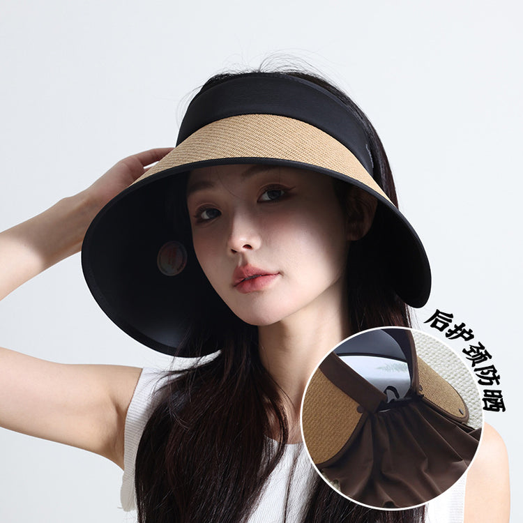 流行帽子 | 曬帽空頂女夏季新款後護頸空頂帽環繞式遮臉防紫外線黑膠沙灘帽「C3889」24.04-5