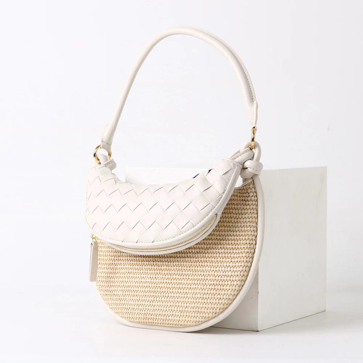 質感真皮|2025新款拉菲草編拼牛皮雙子包拼色月亮包度假單肩腋下包時尚編織包「9781-1」25.07-1