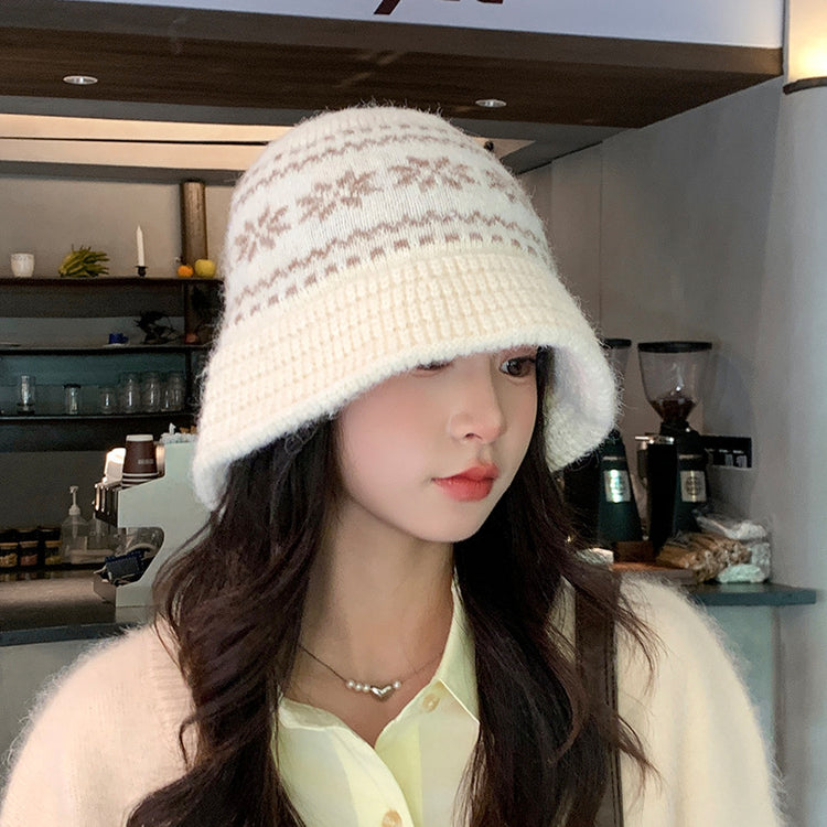 流行帽子|秋冬日系復古漁夫帽子女雪花針織盆帽加厚保暖百搭顯臉小毛線帽潮「C5644」25.09-4