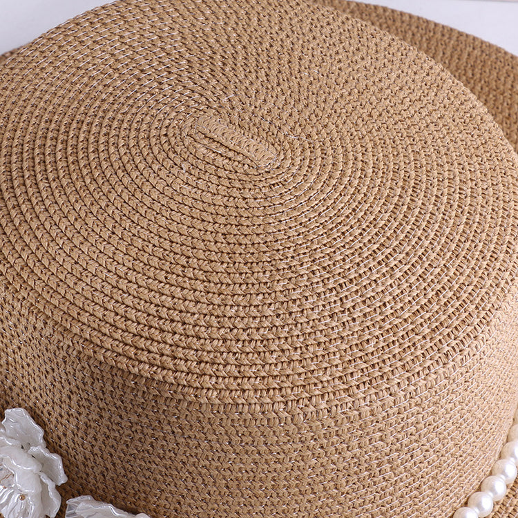 流行帽子|海邊草帽夏季遮陽遮臉防曬帽珍珠花朵赫本風沙灘度假平頂草編禮帽「C4107」24.07-4
