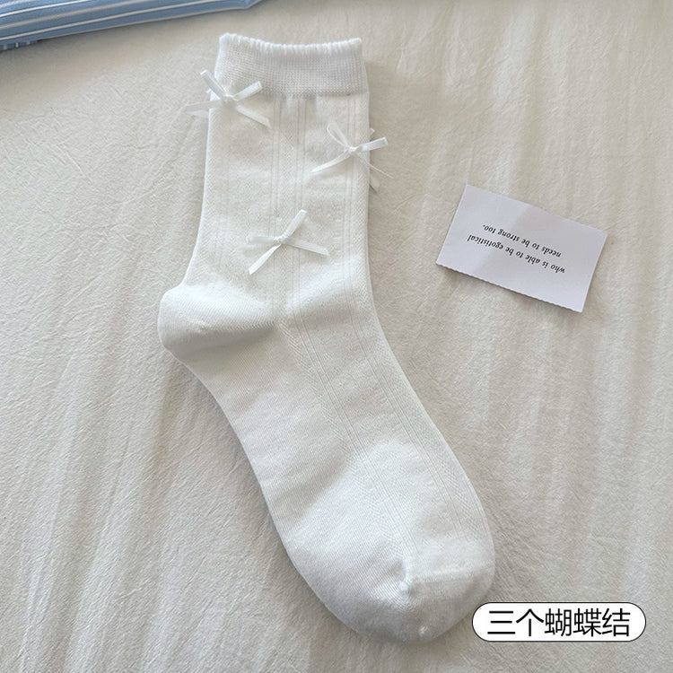 女襪|白色堆堆襪子女春夏薄款miu系蝴蝶結中筒襪吸汗透氣諸暨襪子批發「YM2510」25.03-4