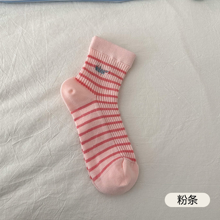 女襪|條紋襪子女棉質親膚舒適ins潮彈力中筒春夏季薄款吸濕透氣堆堆襪「MK5076」25.02-3