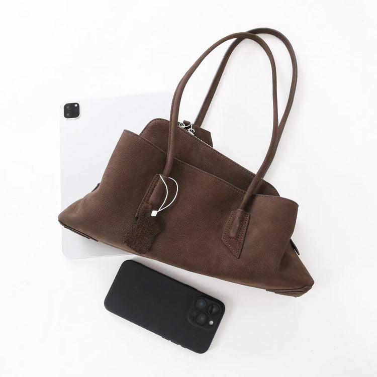 質感真皮|2025新款頭層麂皮不規則斜頂手提托特包磨砂荔枝牛皮腋下包「6163-S」25.10-1