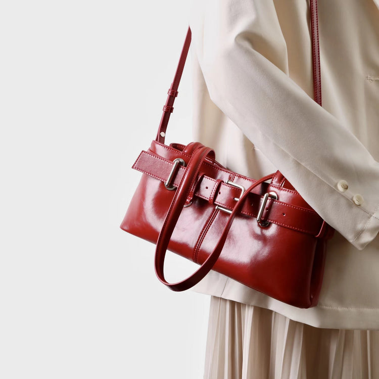 質感真皮|2025新款百搭女輕奢法式高級感機車包法棍包保齡球女單肩腋下包「6147」25.06-4