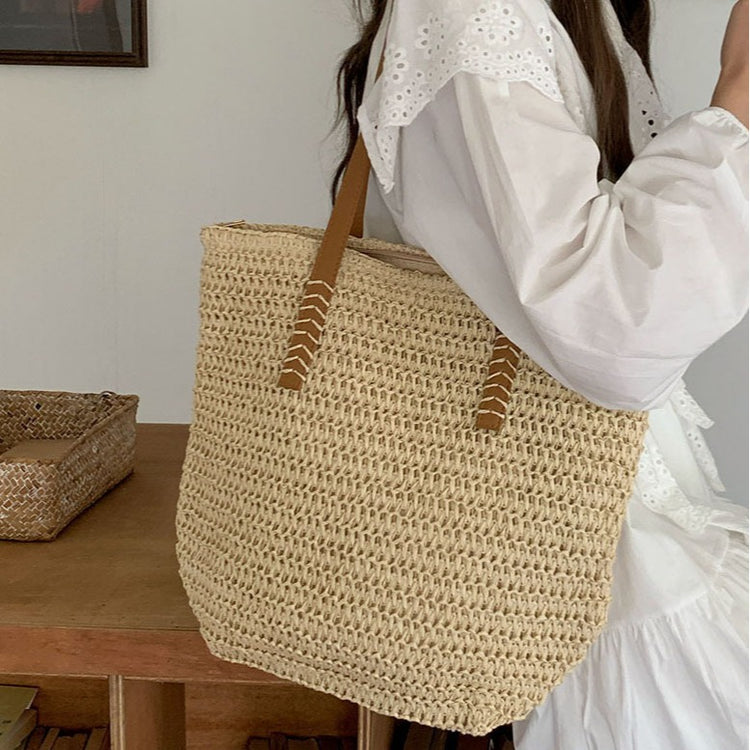 日韓流行|夏季大容量草編包包女2024新款洋氣通勤單肩包海邊沙灘編織托特包「9413#」24.06-2