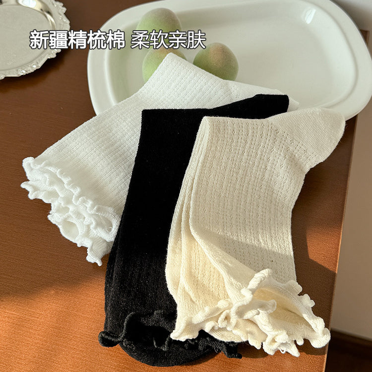 女襪|純色簡約襪子女鏤空網眼透氣木耳邊堆堆襪棉質彈力親膚舒適中筒襪「TM7240」25.02-1