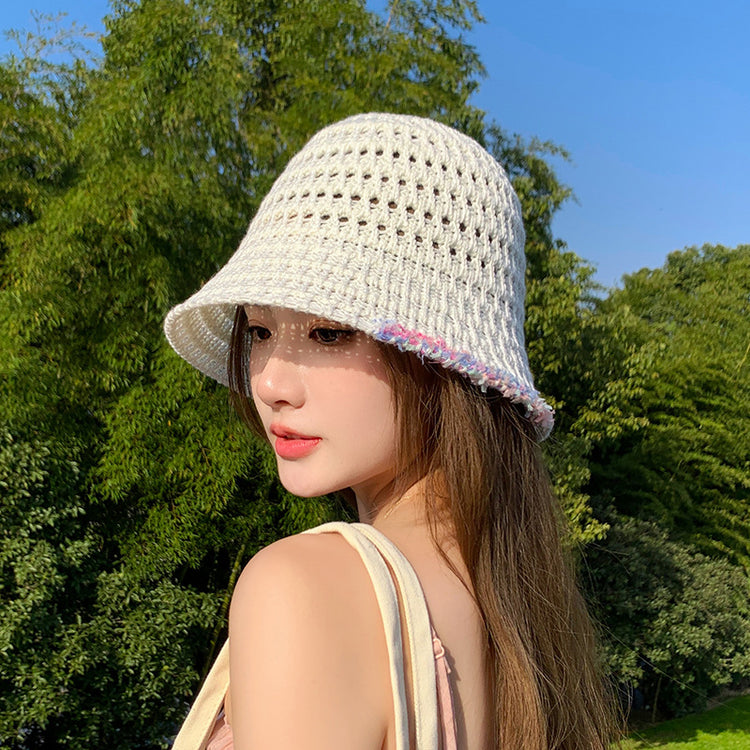 流行帽子|帽子新款夏季碎花邊鏤空漁夫帽透氣甜美百搭防曬帽海邊沙灘遮陽帽「C3821」24.04-3