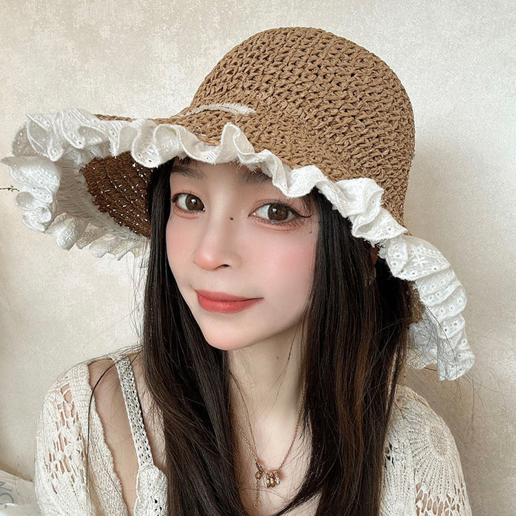 流行帽子|蕾絲邊草帽女夏季甜美大帽檐手工編織遮陽帽戶外海邊度假太陽帽子「C5023」25.02-3