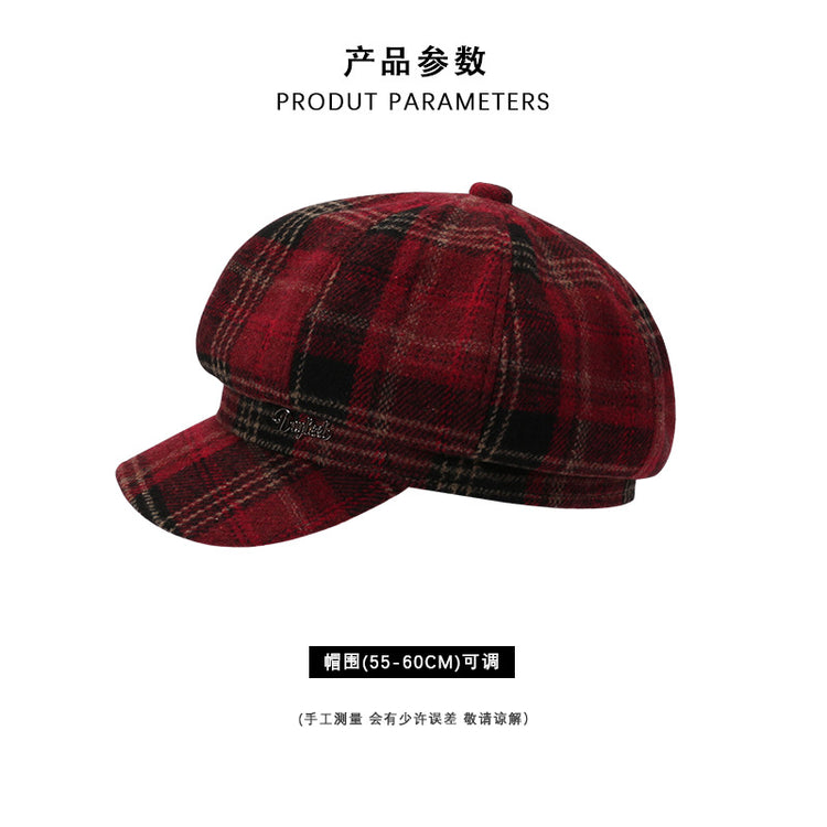 流行帽子|復古格子毛呢八角帽女時尚英倫百搭畫家帽紅色休息顯臉小報童帽子「C4720」24.10-4