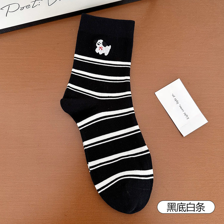 女襪|條紋撞色襪子女花邊襪口彈力舒適中筒襪棉質親膚吸汗透氣堆堆襪「W0123」25.03-3