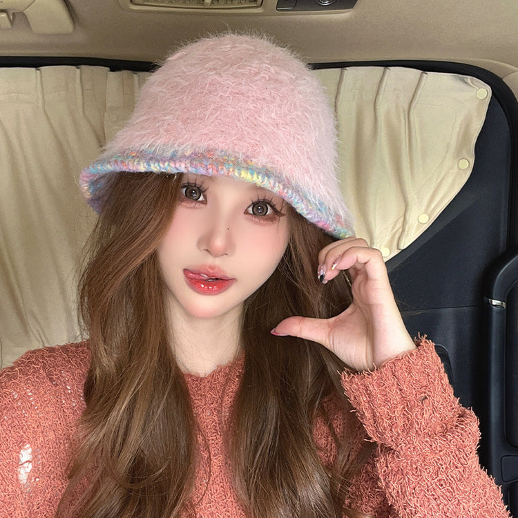 流行帽子|帽子女秋冬季彩虹檐邊毛絨針織水桶帽加厚保暖毛茸茸顯臉小毛線帽「C4442」24.09-2