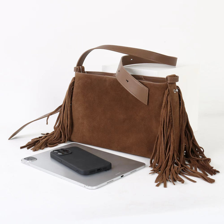 質感真皮|2025全新流蘇磨砂真皮斜背包度假風大容量百搭休閒托特包輕奢「7053」25.09-2