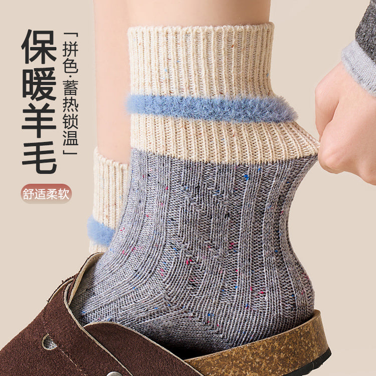 女襪|羊毛襪子女點子紗加厚保暖親膚舒適堆堆襪秋冬拼色條紋彈力中筒襪「YJ8022」24.12-5