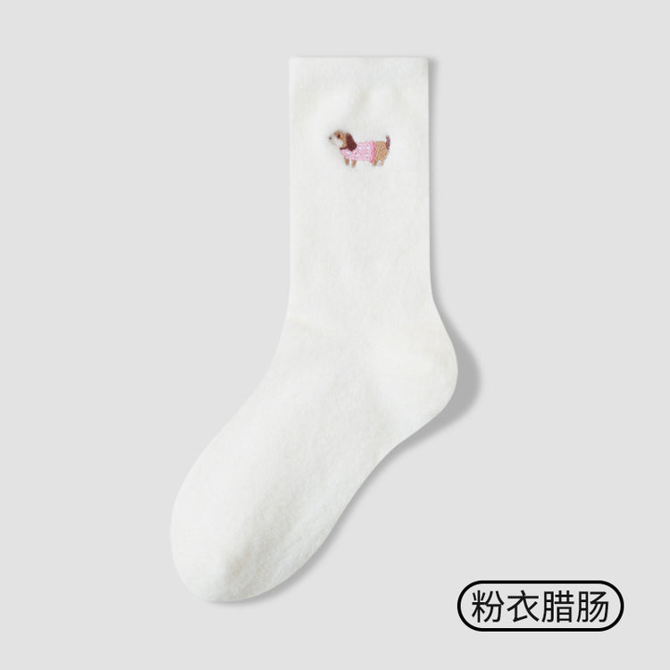 女襪|臘腸狗刺繡襪子女秋冬加厚保暖澳絨中筒襪彈力花邊親膚舒適堆堆襪「H5271」25.12-1